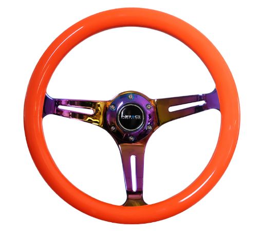 Picture of NRG Classic Wood Grain Steering Wheel (350mm) Neon Orange Color wNeochrome Spokes