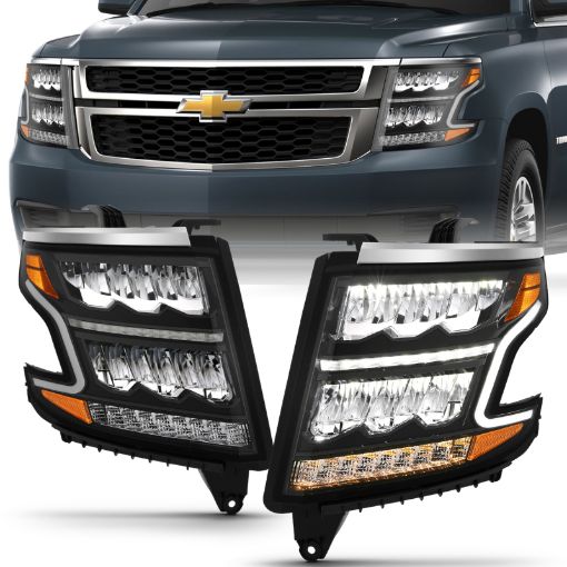 Picture of ANZO 15 - 20 Chevy TahoeSuburban LED Light Bar Style Headlights Black wSequential wDRL wAmber