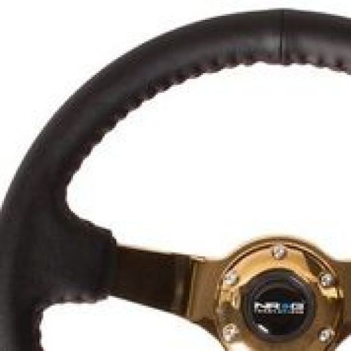 Picture of NRG Reinforced Steering Wheel (3in Deep 4mm) 350mm Blk Leather wRed BBall Stitch Gold Spoke