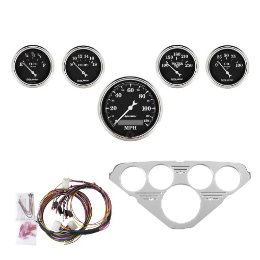 Picture of Autometer Old Tyme Black 5 Piece Kit (MPHFUELOILPWTMPBAT) 55 - 59 Chevy Truck Direct - Fit Dash Kit