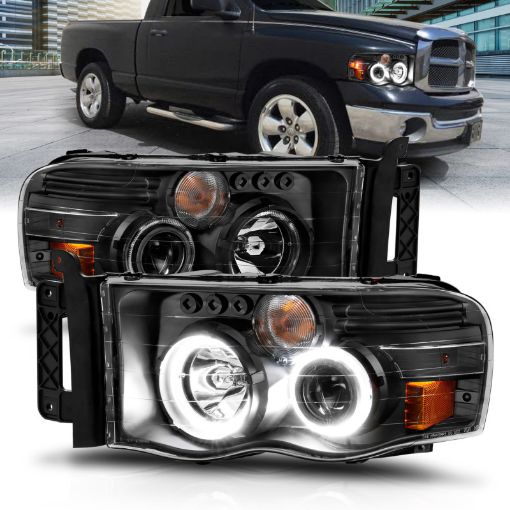 Picture of ANZO 2002 - 2005 Dodge Ram 1500 Projector Headlights w Halo Black Clear Amber