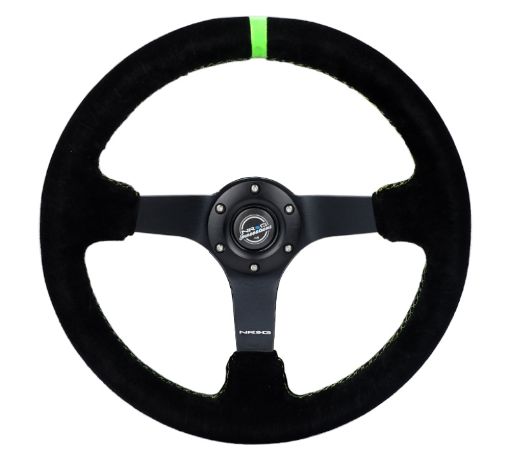 Picture of NRG Reinforced Steering Wheel 350mm3in. Deep Blk Suede Neon Green Stitch w5mm Matte Black Spoke