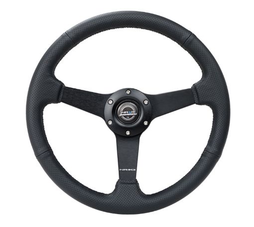 Picture of NRG Sport Steering Wheel (350mm 1.5in Deep) Black Leather Black Stitch wMatte Black Solid Spokes