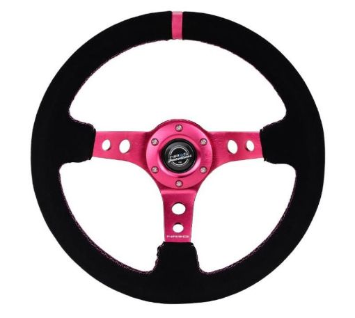 Picture of NRG Reinforced Steering Wheel (350mm 3in. Deep) Black Suede Fushia Center Mark Fushia Stitching