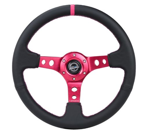 Picture of NRG Reinforced Steering Wheel (350mm3in. Deep) Black Leather Fushia Center Mark Fushia Stitching