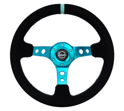 Picture of NRG Reinforced Steering Wheel (350mm 3in. Deep) Black Suede Teal Center Mark Teal Stitching