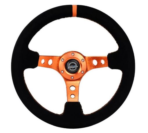 Picture of NRG Reinforced Steering Wheel (350mm 3in. Deep) Black Suede Orange Center Mark Orange Stitching