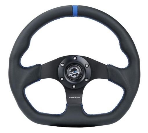Picture of NRG Reinforced Steering Wheel (320mm) Sport Leather Flat Bottom w Blue Center Blue Stitching