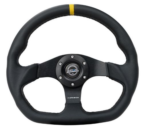 Picture of NRG Reinforced Steering Wheel (320mm) Sport Leather Dual Push Buttons Flat Bottom w Yellow Center
