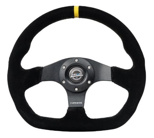 Picture of NRG Reinforced Steering Wheel (320mm) Sport Suede Dual Push Buttons Flat Bottom w Yellow Center
