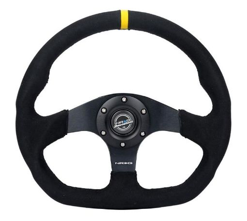 Picture of NRG Reinforced Steering Wheel (320mm) Sport Alcantara Dual Push Buttons Flat Bottom wYellow Center