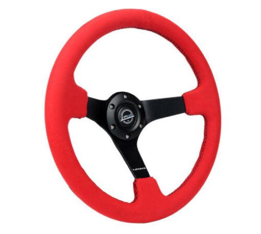 Picture of NRG Reinforced Steering Wheel (350mm3in. Deep) Matte Black Spoke Red Alcantara w Black Stitching