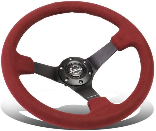 Picture of NRG Reinforced Steering Wheel (350mm 3in. Deep) Black Spoke Burgundy Alcantara w Black Stitch