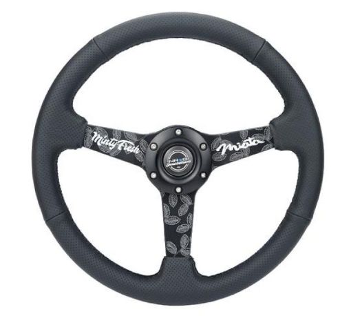 Picture of NRG Sport Steering Wheel (350mm 1.5in. Deep) Black Etched Spokes Black Leather w Black Stitch