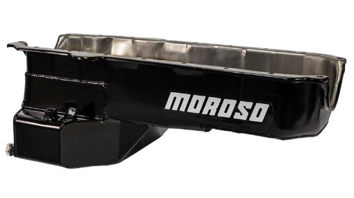 Picture of Moroso 80 - 85 Chevrolet SBC (wPassenger Side Dipstick) Wet Sump 5.5qt 7.5in Steel Oil Pan - Black