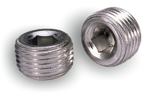 Picture of Moroso Pipe Plugs - 12in NPT Thread - 38in Hex Socket Drive - Aluminum - 2 Pack