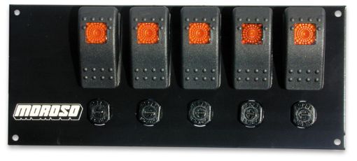 Picture of Moroso Rocker Switch Panel - Flat Surface Mount - LED - 3 - 38in x 8in - Five OnOff Switches
