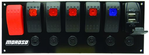 Picture of Moroso Rocker Switch Panel - Flat Surface Mount - LED wUSB - 3.388in x 9.15in - Five OnOff Switches
