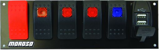 Picture of Moroso Rocker Switch Panel - Flat Surface Mount - LED wUSB - 2.488in x 7.85in - Five OnOff Switches