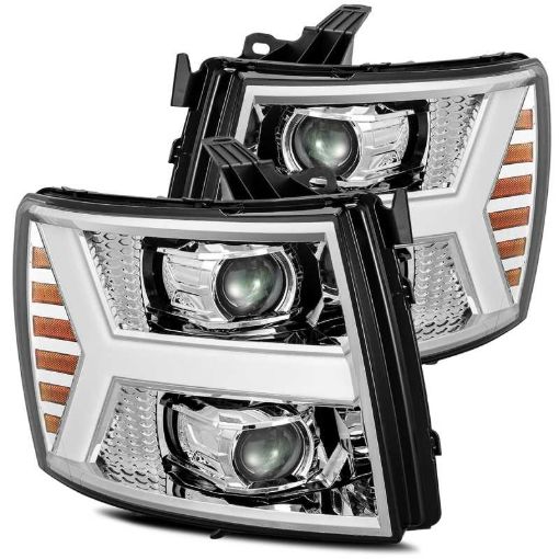 Picture of AlphaRex 07 - 13 Chevy 1500 LUXX LED Proj Headlights Plank Design Chrome w Activ LightSeq SignalDRL