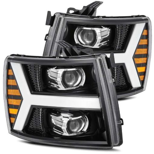 Picture of AlphaRex 07 - 13 Chevy 1500 LUXX LED Proj Headlights Plank Style Jet Blk w Activ LightSeq SignalDRL