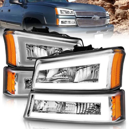 Picture of ANZO 2003 - 2006 Chevrolet Silverado 1500 Crystal Headlights w Light Bar Chrome Housing