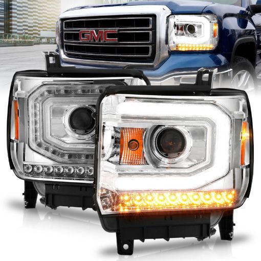Picture of ANZO 2014 - 2015 Gmc Sierra 1500 Projector Headlights w Light Bar Chrome Housing (Halogen Type)