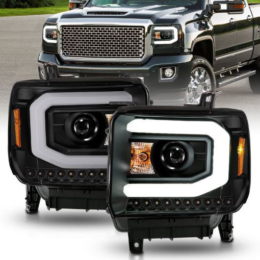 Picture of ANZO 2014 - 2015 GMC Sierra 1500 Projector Headlights w Light Bar Black Housing (Halogen Type)