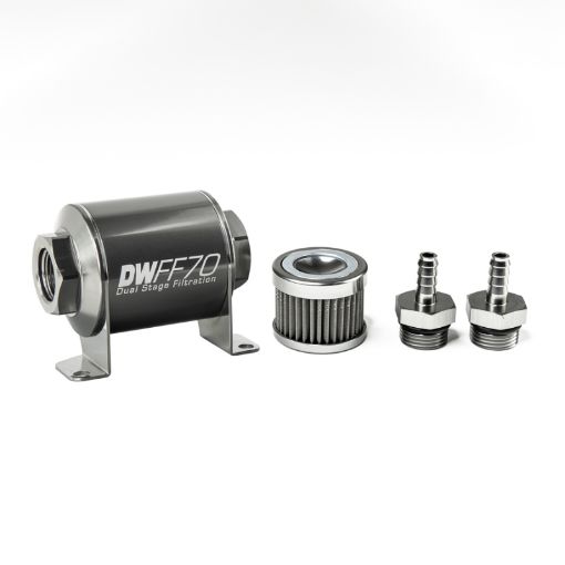 Picture of DeatschWerks Stainless Steel 516in 40 Micron Universal Inline Fuel Filter Housing Kit (70mm)