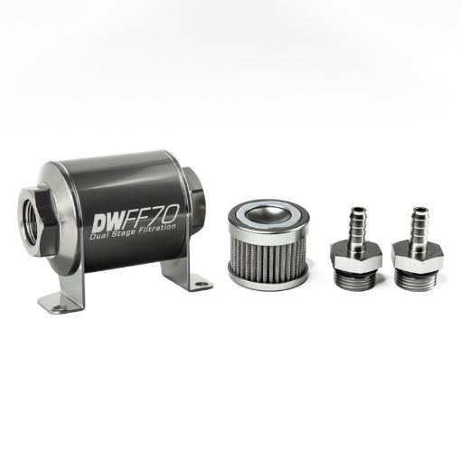 Picture of DeatschWerks Stainless Steel 516in 100 Micron Universal Inline Fuel Filter Housing Kit (70mm)