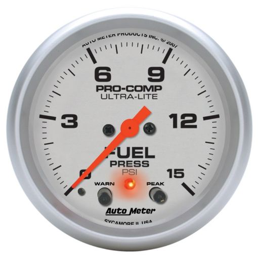 Picture of Autometer Ultra - Lite 66.7mm Full Sweep Elec 0 - 15 PSI Fuel Pressure w Peak Memory Warning Gauge