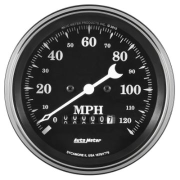 Picture of Auto Meter Gauge Speedo. 3 38in 120mph Elec. Prog. w Wheel Odo Old Tyme Black
