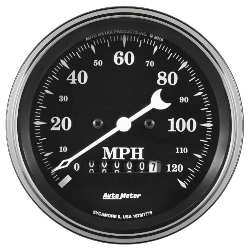 Picture of Auto Meter Gauge Speedo. 3 38in 120mph Elec. Prog. w Wheel Odo Old Tyme Black