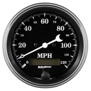 Picture of Auto Meter Gauge Speedo. 3 38in 120mph Elec. Prog. w LCD Odo Old Tyme Black