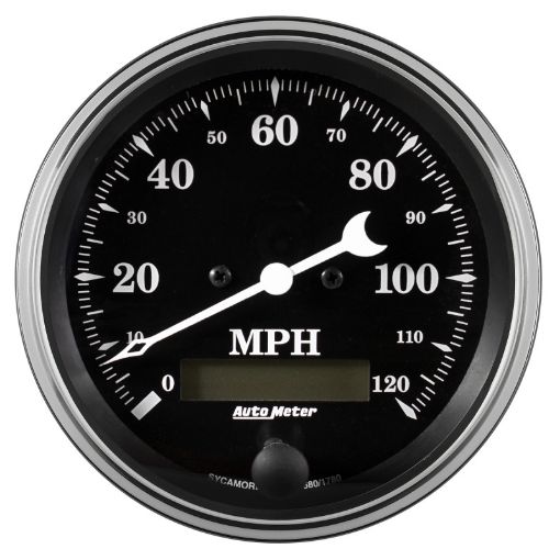 Picture of Auto Meter Gauge Speedo. 3 38in 120mph Elec. Prog. w LCD Odo Old Tyme Black