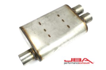Picture of JBA Universal Chambered Style 304SS Muffler 13x9.75x4 2.5in Inlet Diameter Offset2.5 Dual Outlet