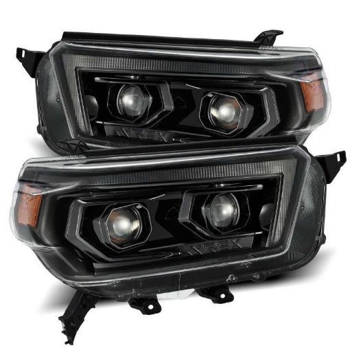 Picture of AlphaRex 10 - 13 Toyota 4Runner LUXX LED Proj Headlights Plank Style Alpha Black wSeq SignalDRL